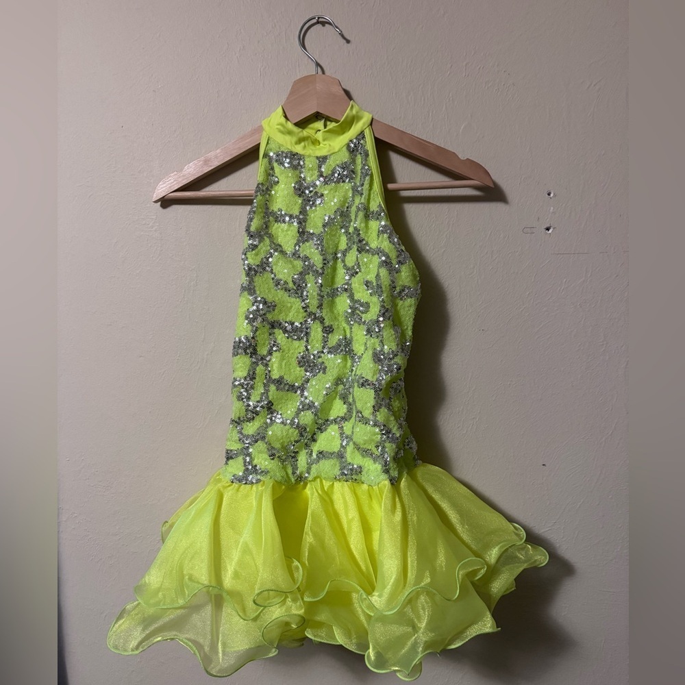 Weissman Electric Love 8634 chartreuse tutu unitard sequins Size Large Child